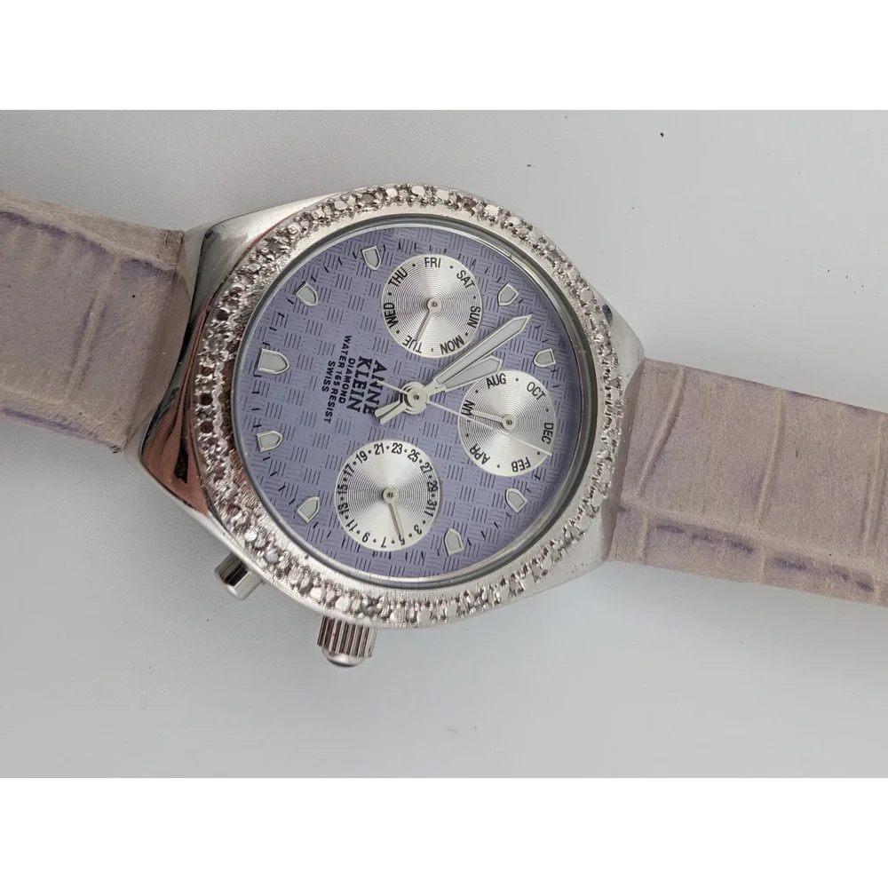 Anne Klein Swiss Diamond Watch Women 32mm Case‎ Purple Leather Band- New Battery